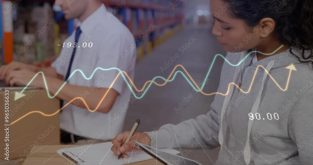 Poster animation of financial data processing and diverse workers in warehouse