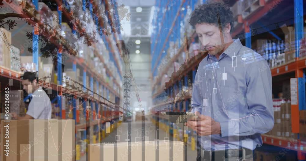 Poster animation of financial data processing and diverse workers in warehouse over building site