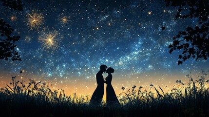 Fototapeta premium Midnight kiss, with fireworks in the background, silhouetted against the night sky