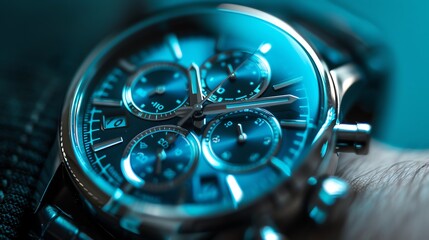 A close-up of a blue chronograph watch face.