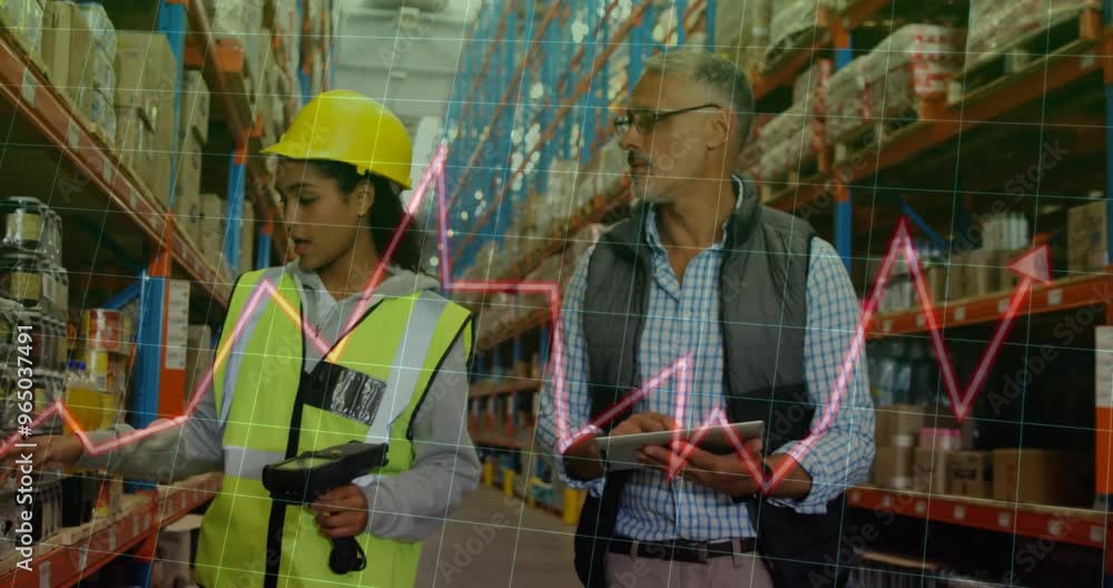 Poster animation of financial data processing and diverse workers in warehouse