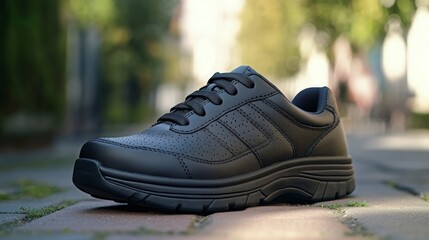 Orthotic shoe, designed for support, standing on a sidewalk, natural daylight