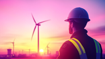 Engineer Overlooking Wind Turbines at Sunset with Vibrant Sky in Background