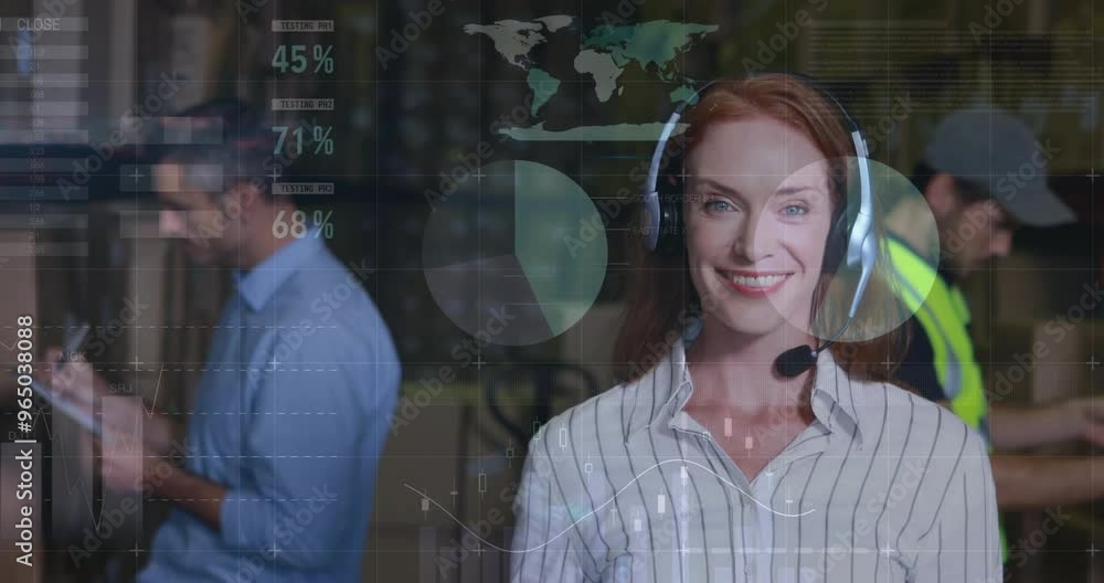 Poster animation of financial data processing and diverse workers in warehouse