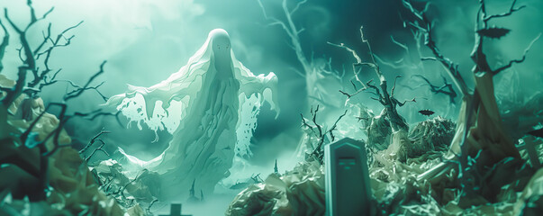Obraz premium Ghostly Figure Emerging in Spooky Graveyard Scene