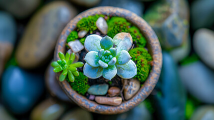 Overhead view of a miniature succulent garden in a stone pot