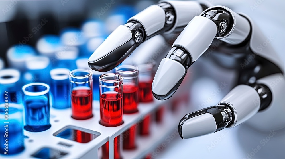Poster robotic lab assistant, sorting test tubes, close-up on robotic arms and tubes
