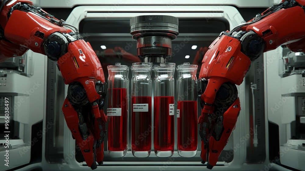 Poster robotic lab assistant, sorting test tubes, close-up on robotic arms and tubes