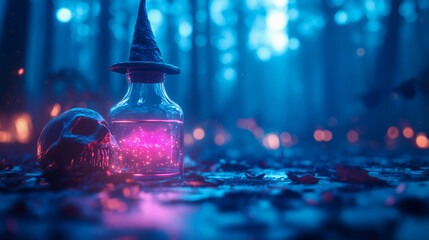 Glowing pink potion with witch hat in enchanted forest