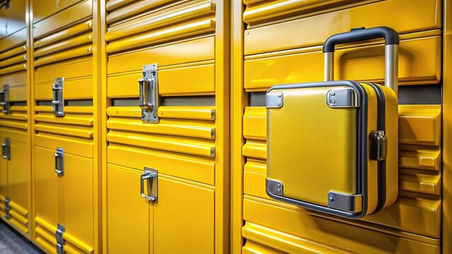 parcel locker,yellow locker, steel, electronic, luggage storage, A close up of a yellow smart locker designed for storing luggage made of durable steel
