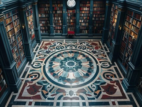 An elegant library interior showcasing intricate flooring and towering bookshelves filled with colorful books.