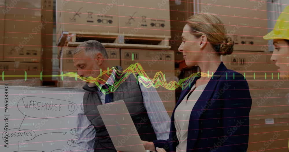 Aufkleber animation of financial data processing and diverse workers in warehouse