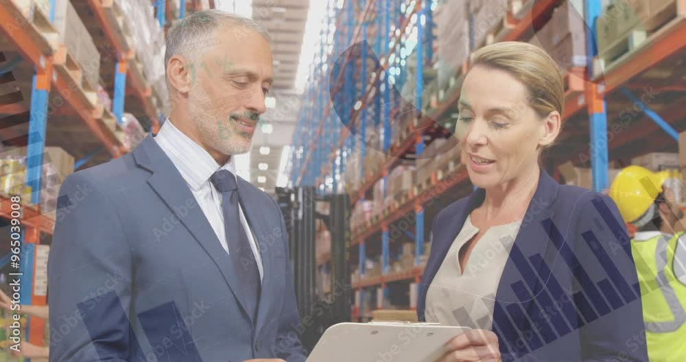 Poster animation of financial data processing and diverse workers in warehouse