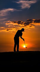Silhouette of a Golfer Putting with the Setting Sun in the Background