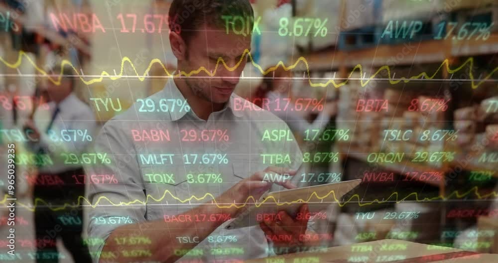 Poster animation of financial data processing and caucasian male worker using tablet in warehouse