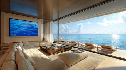 Fototapeta premium Sleek living room, with a sectional sofa, coffee table, and a large TV, bright natural light