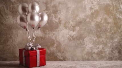 A classic birthday layout featuring a red gift box and silver balloons, set on a softly textured backdrop. No logo, no people.