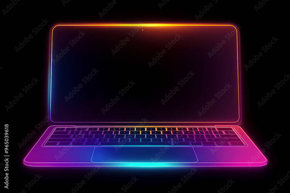 Poster a laptop computer with a blank screen and colorful neon outline on a black background.