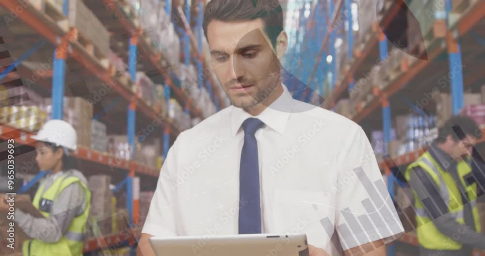 Aufkleber animation of financial data processing and diverse workers in warehouse