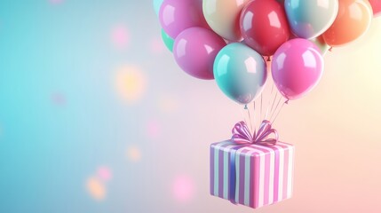 A festive birthday template featuring multicolored balloons and a striped gift box on a smooth gradient background. Focus point, no logo, no people.
