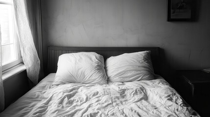 An unmade bed with a single pillow left undisturbed, [loss], [the absence of companionship]