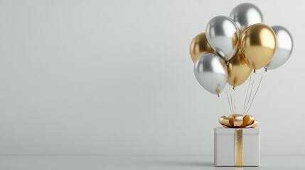 Birthday template with gold and silver balloons and a neatly wrapped gift box, placed on a minimal background. Focus point, no logo, no people.