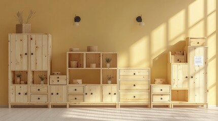 Sustainable wooden furniture, displayed in a showroom, with eco-friendly labels, soft lighting