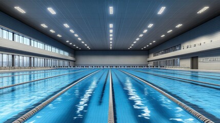 Swimming pool, Olympic size, with lanes and diving boards, water reflecting ceiling lights