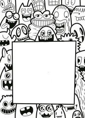 Hand-drawn illustrations, monsters doodle, Hand Drawn cartoon monster illustration,Cartoon crowd doodle hand-drawn Doodle style.black and white stripes coloring  book.