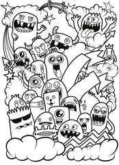 Hand-drawn illustrations, monsters doodle, Hand Drawn cartoon monster illustration,Cartoon crowd doodle hand-drawn Doodle style.black and white stripes coloring  book.