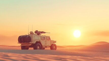 Fototapeta premium Unmanned combat vehicle, with mounted weapons, maneuvering through a desert, hot midday sun