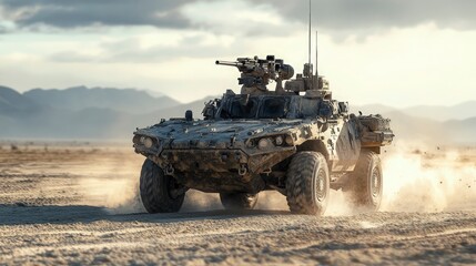 Fototapeta premium Unmanned combat vehicle, with mounted weapons, maneuvering through a desert, hot midday sun