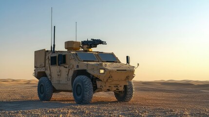 Obraz premium Unmanned combat vehicle, with mounted weapons, maneuvering through a desert, hot midday sun