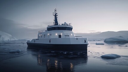 Unmanned surface vehicle, navigating through icy waters, dim polar lighting