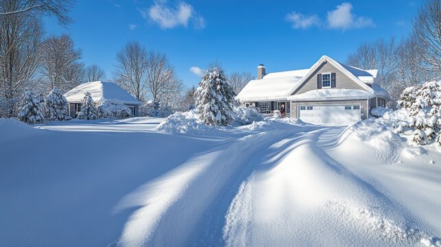 Close up view of a pile of snow being cleared from the driveway of a modern single-family home after a snowstorm. Ai generated image