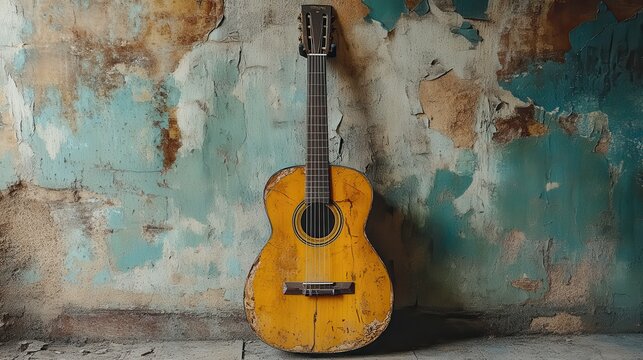 An old guitar with broken strings leaning against a wall, [silence], [the end of creativity and expression]