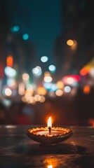 Lit clay lamp with bokeh effect and vibrant city lights