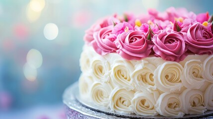 Naklejka premium Close-up of a white birthday cake with pink icing roses, set against a smooth, softly blurred background. No people.