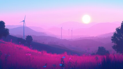 Wind farm, with multiple turbines, against a blue sky, rolling hills in the background