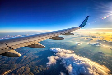 Obraz premium Wing of a commercial airplane flying against a clear blue sky viewed from a bird s eye perspective, aerial view, high altitude, bird's eye view, blue sky, air transportation, plane