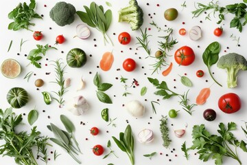 Fresh organic vegetables and herbs on white background