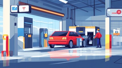 Fototapeta premium A red car undergoing automated maintenance in a modern, high-tech service station, with a technician overseeing the process.