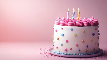 Festive birthday cake with polka dots and vibrant frosting, smooth background with a gentle light gradient. No people.