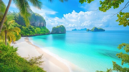 Naklejka premium A stunning tropical beach scene with crystal-clear turquoise waters gently lapping against soft, white sand. Lush green palm trees sway in a light breeze, framing the beach. 