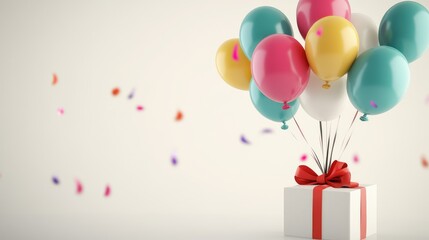 Happy Birthday template with a white gift box and bright, multi-colored balloons, on a smooth, clean backdrop. No logo, no people.