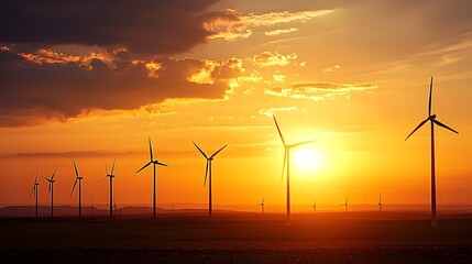 Obraz premium Majestic Sunset Over Towering Wind Turbines Capturing the Power of Renewable Energy