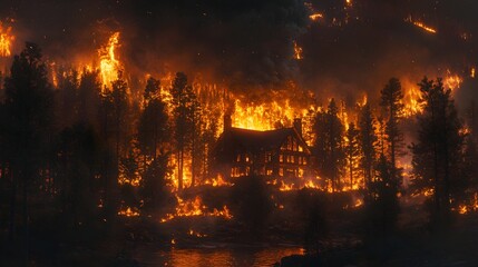 A wildfire spreading to a house at night, with the forest in flames and the house at risk of total destruction