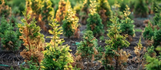 Fototapeta premium Damaged Thuja Plants Due To Fungal Infestation