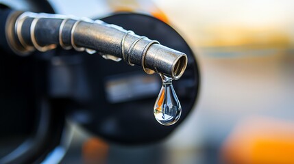 Close-up of a fuel nozzle with a droplet of gasoline hanging from it, symbolizing fuel economy, petroleum industry, or environmental concerns.