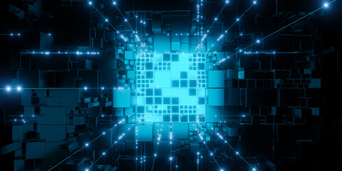 Futuristic 3D grid of glowing cubes and lines
